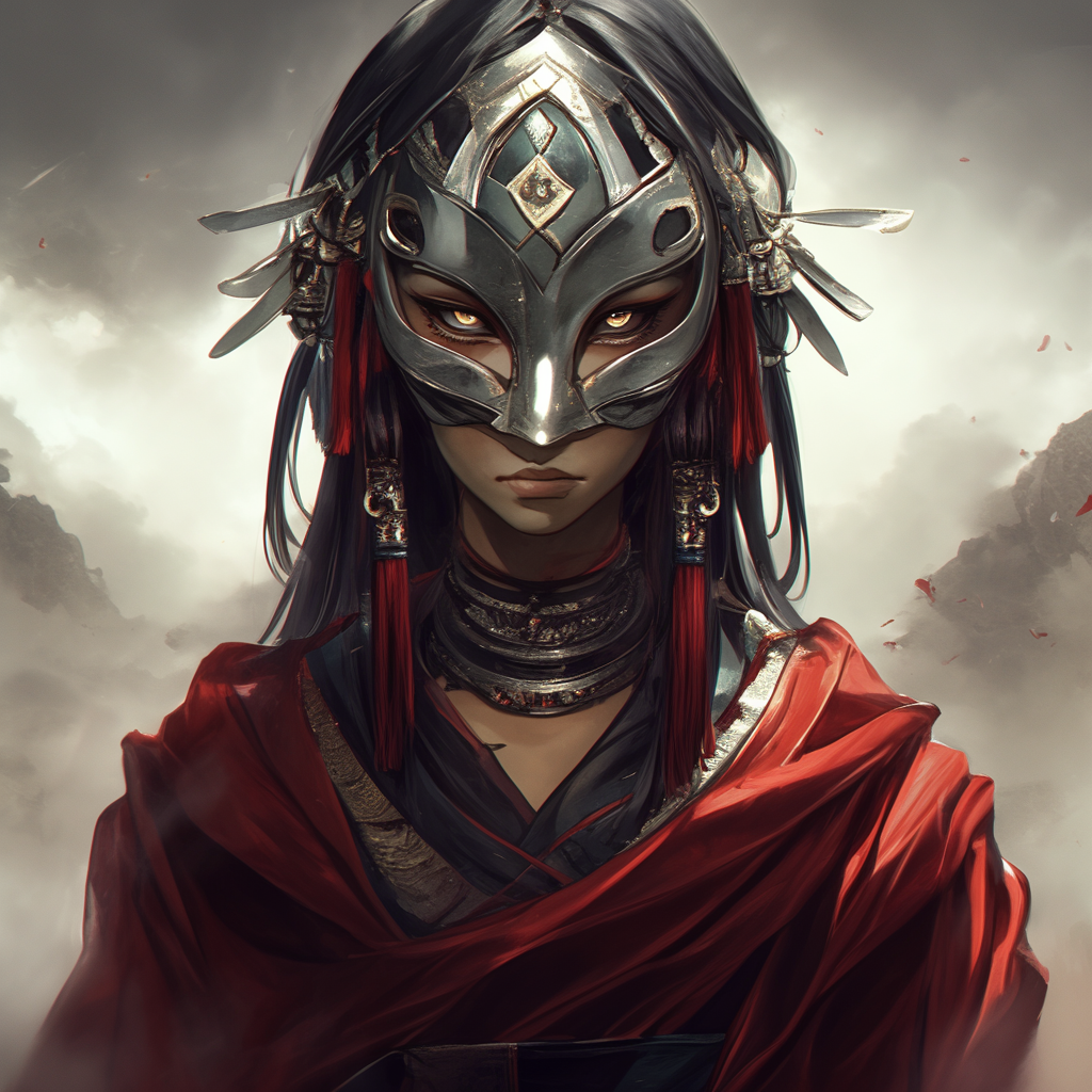 Girl with silk and steel mask, glowing eyes, red dress.