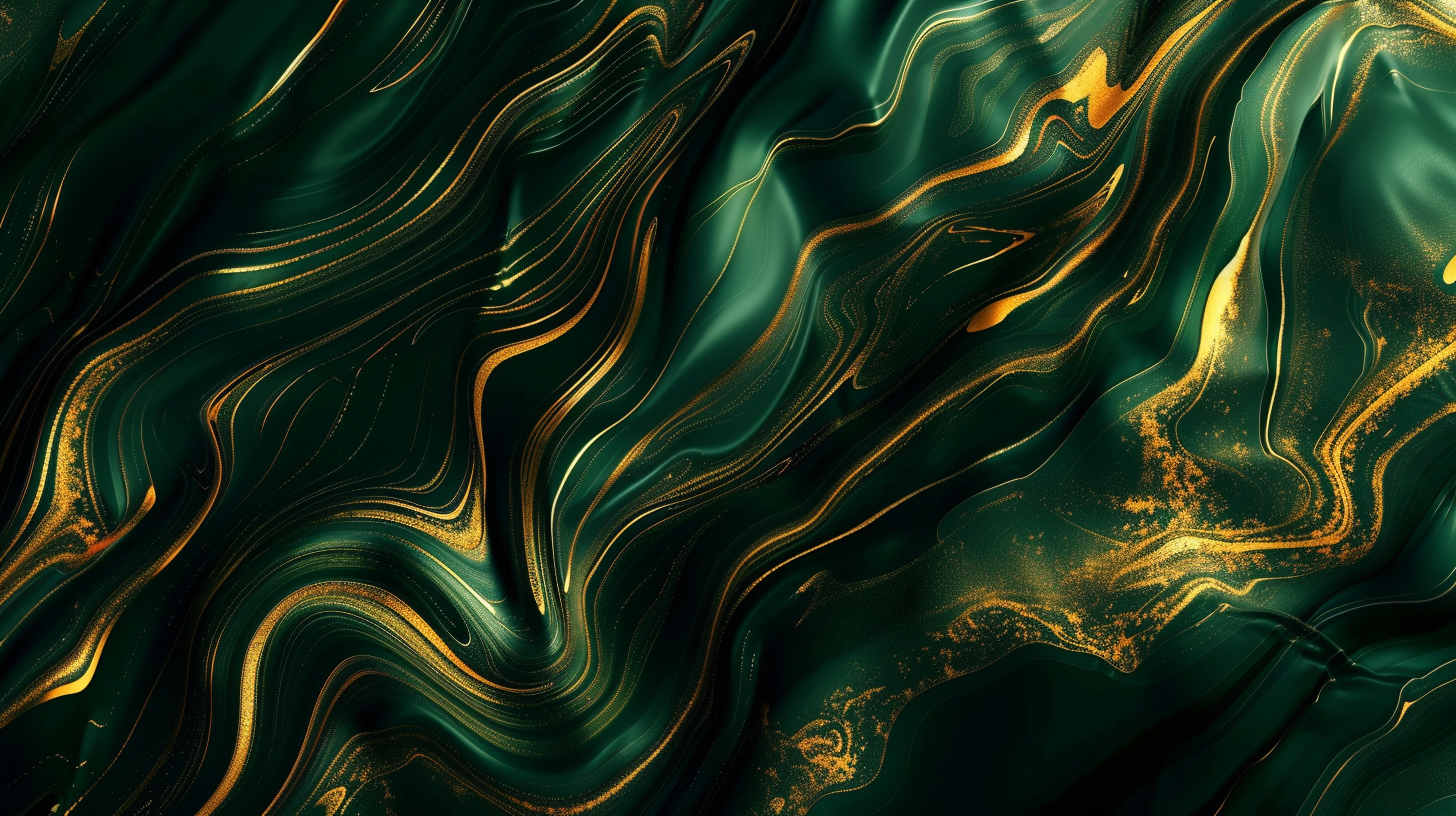 Gold and dark green background, flowing lines, coins.