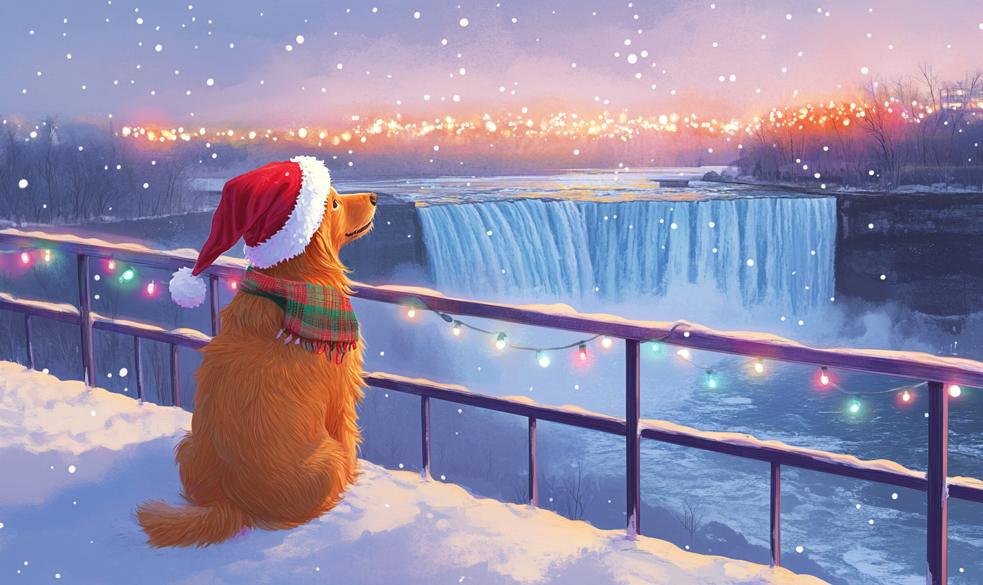 Golden Retriever in Santa hat and scarf at falls.