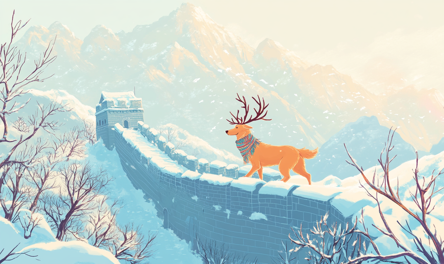 Golden Retriever with antlers and scarf on snow covered Great Wall of China.