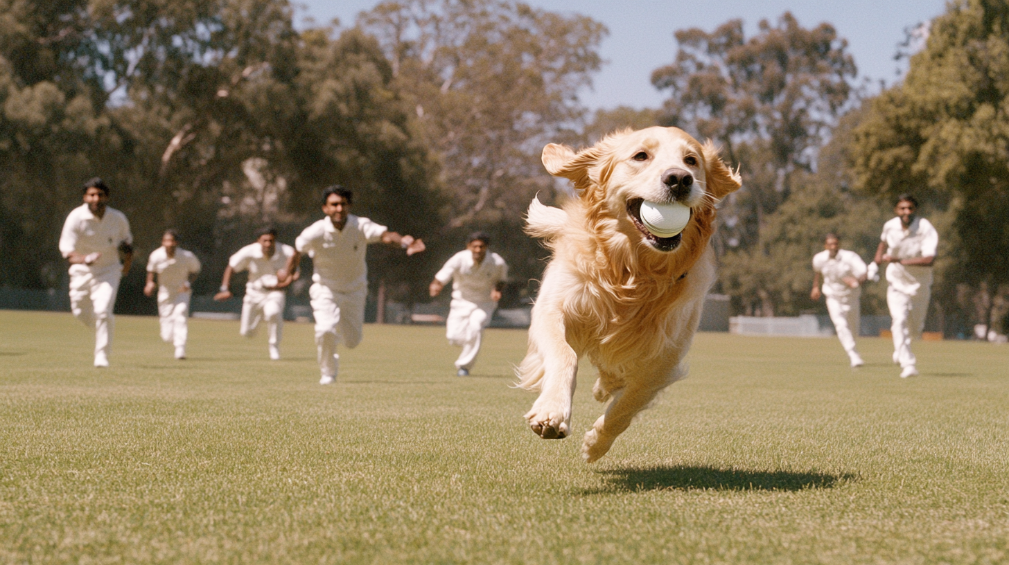 Golden retriever running with cricket ball, chased by players.