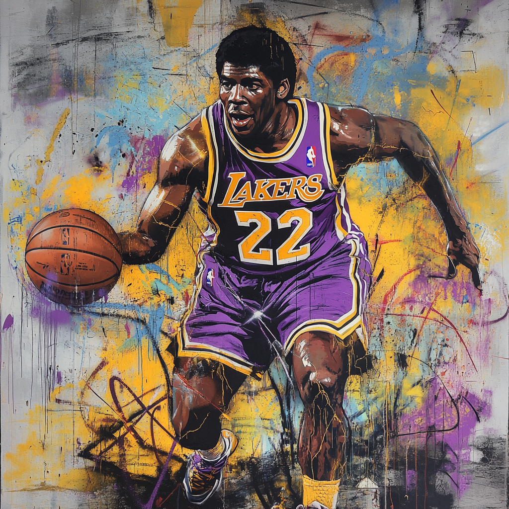 Graffiti mural of Magic Johnson, dynamic, colorful design.