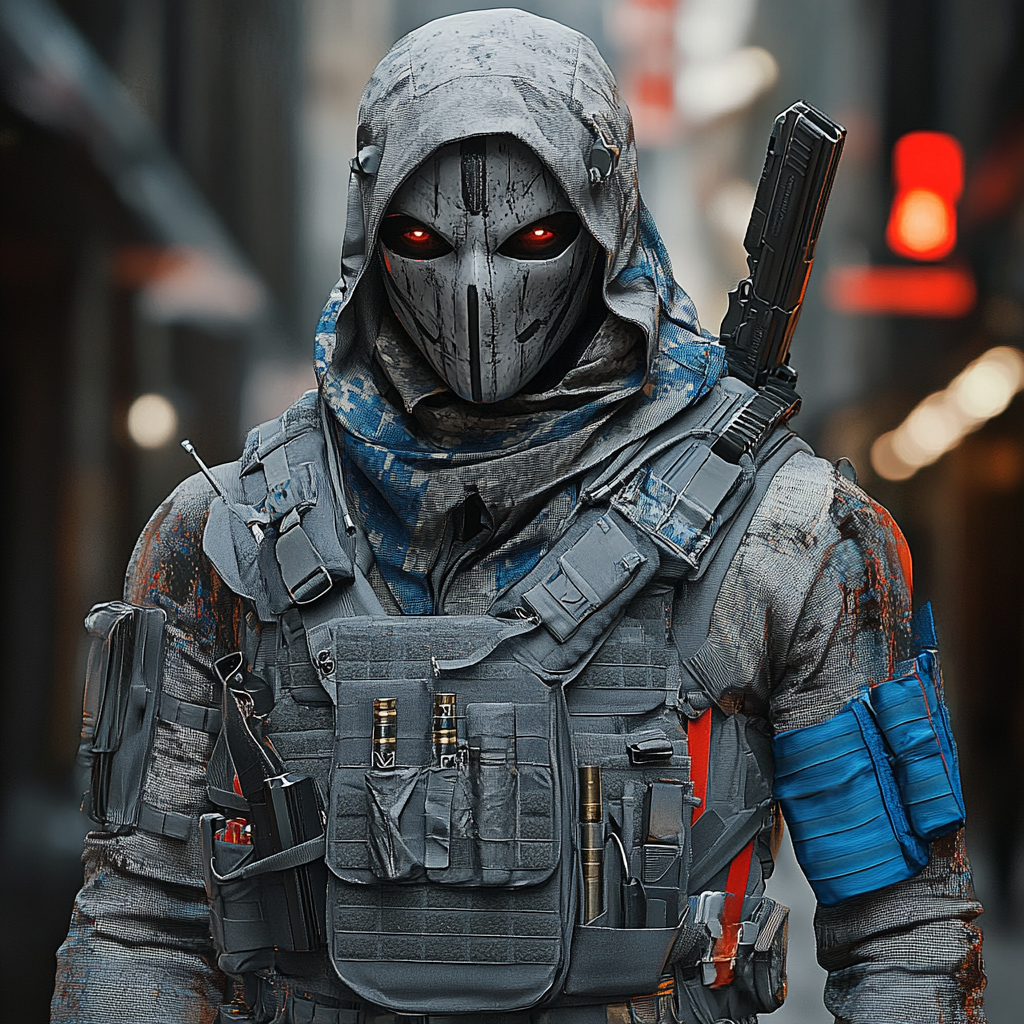 Gray masked man in steel armor on dark street.