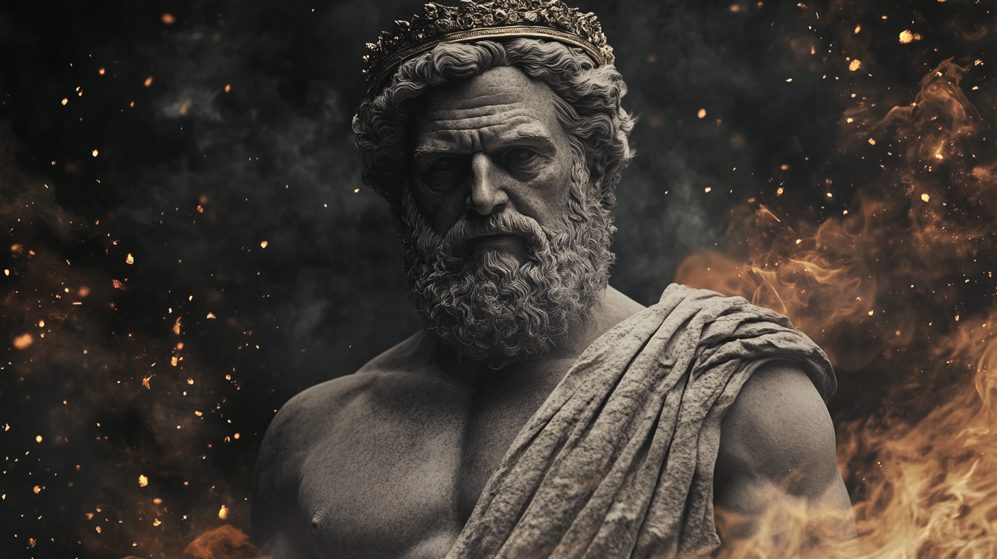 Greek philosopher with strong body dressed like king, surrounded by fires.