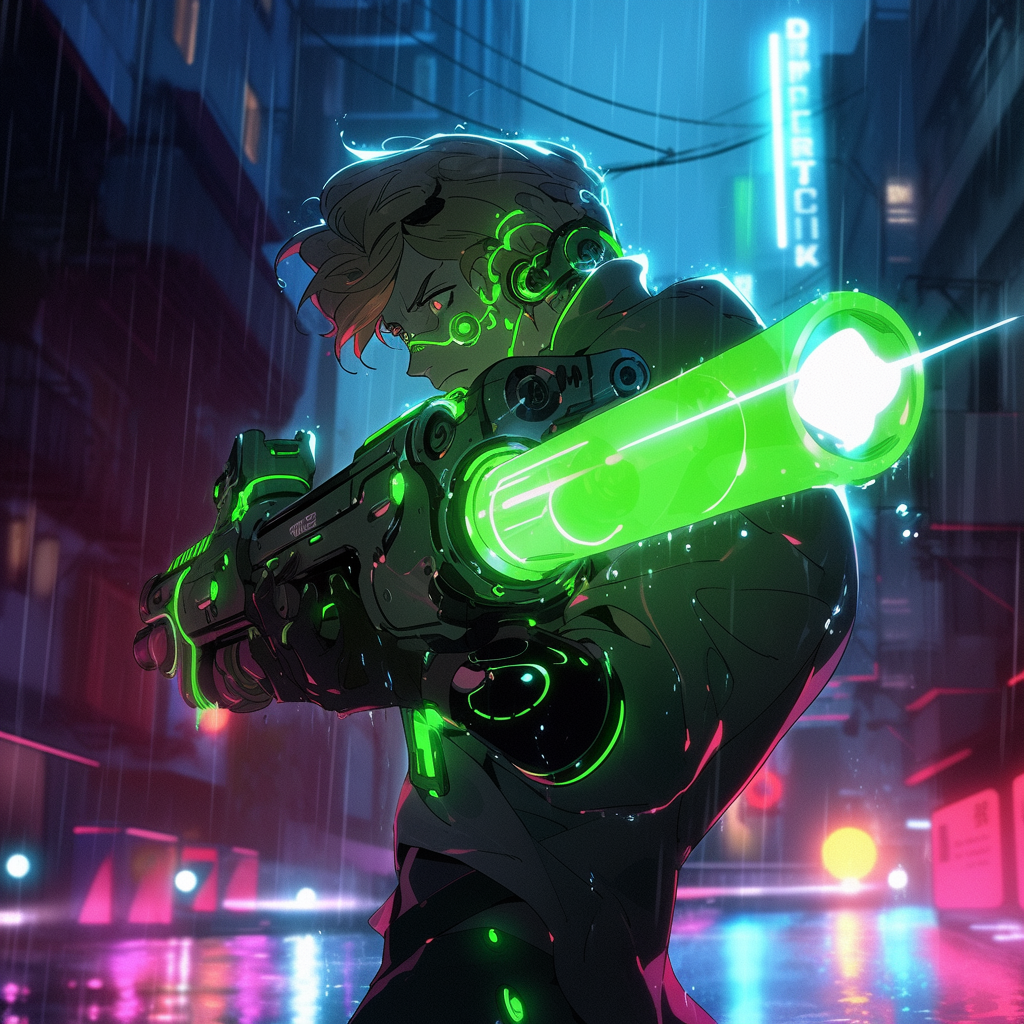 Green alien boy with laser blaster in cyberpunk anime.