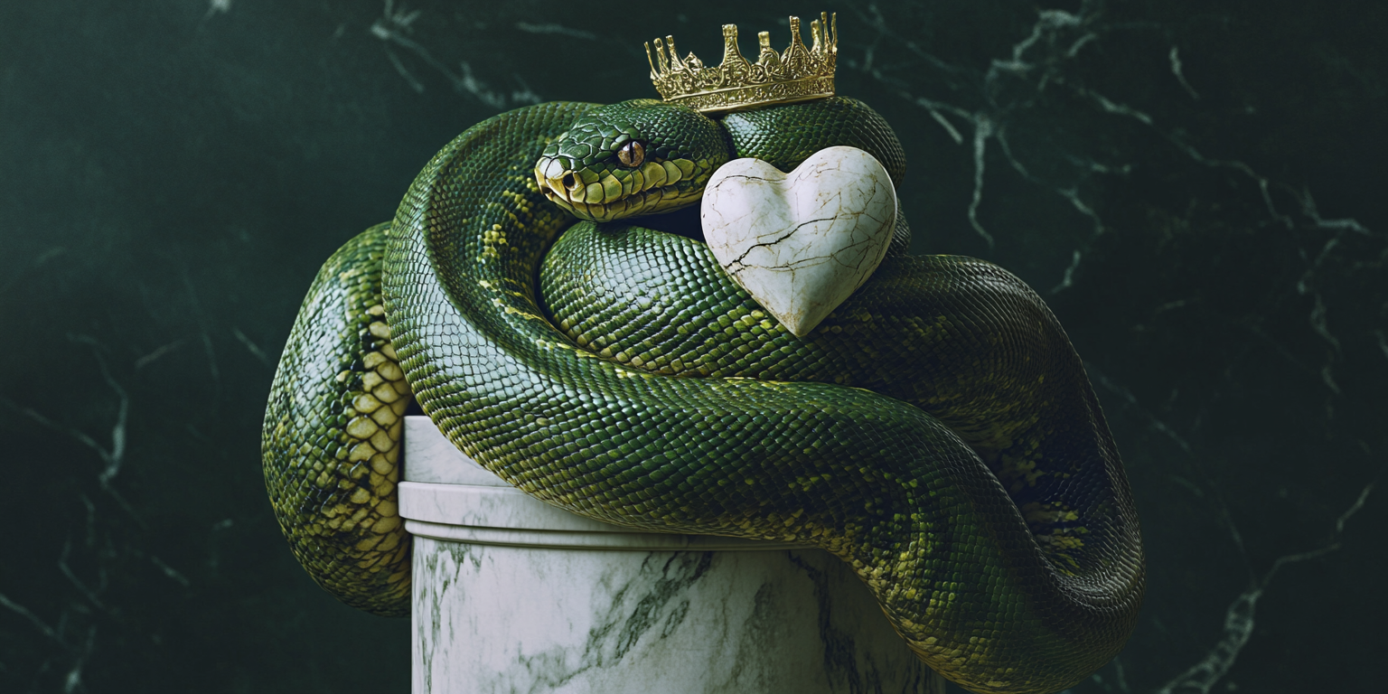 Green python with crown, wrapping around column with statue.