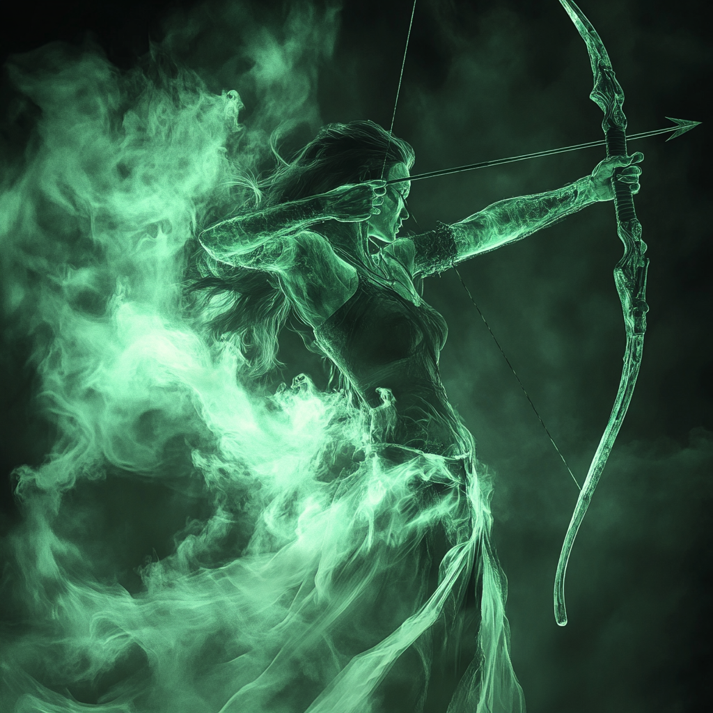 Green undead female warrior shooting bow, transparent and dynamic.