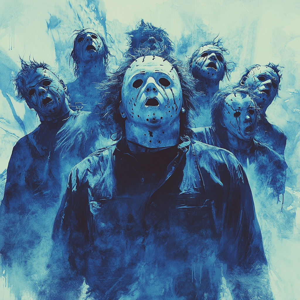 Group of Michael Myers in dynamic, eerie composition.