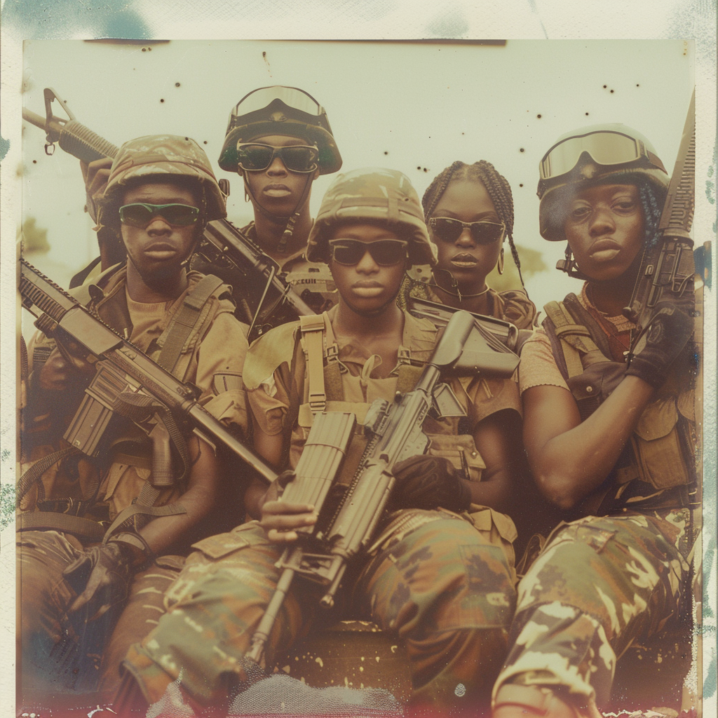 Group of black teens in military gear, posing with rifles