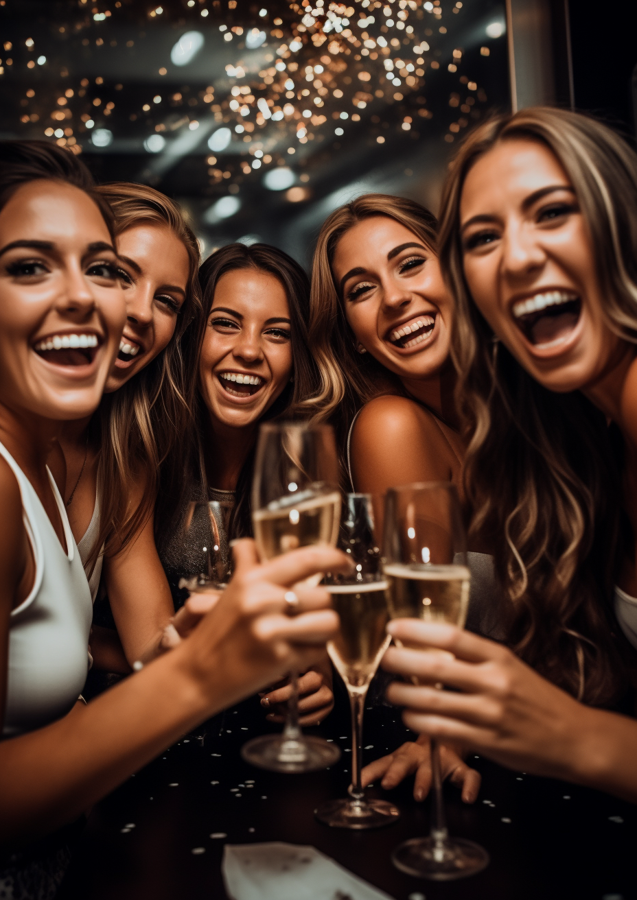 Group of six wealthy AEPHI influencers preparing for nightclub.