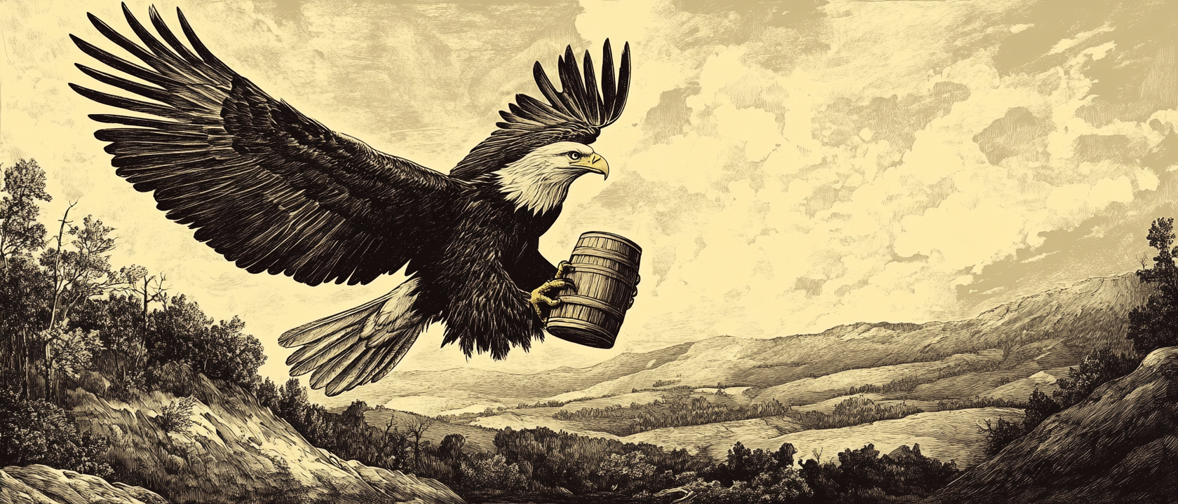 Hand drawn engraving of bald eagle holding stein.