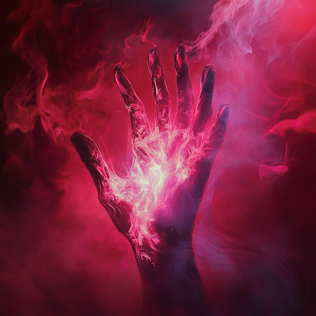 Hand with fiery center: vivid red and dark magenta