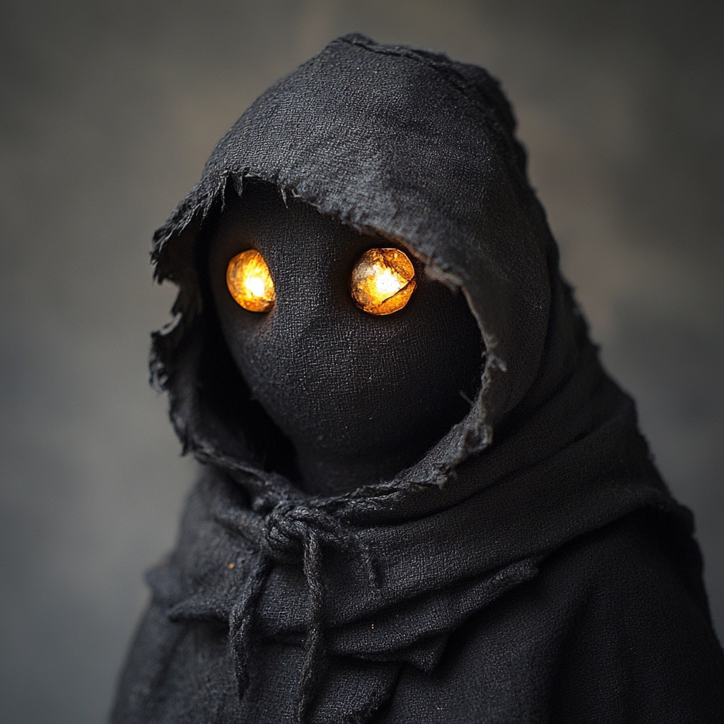 Handmade hooded figure puppet with glowing pebble eyes.