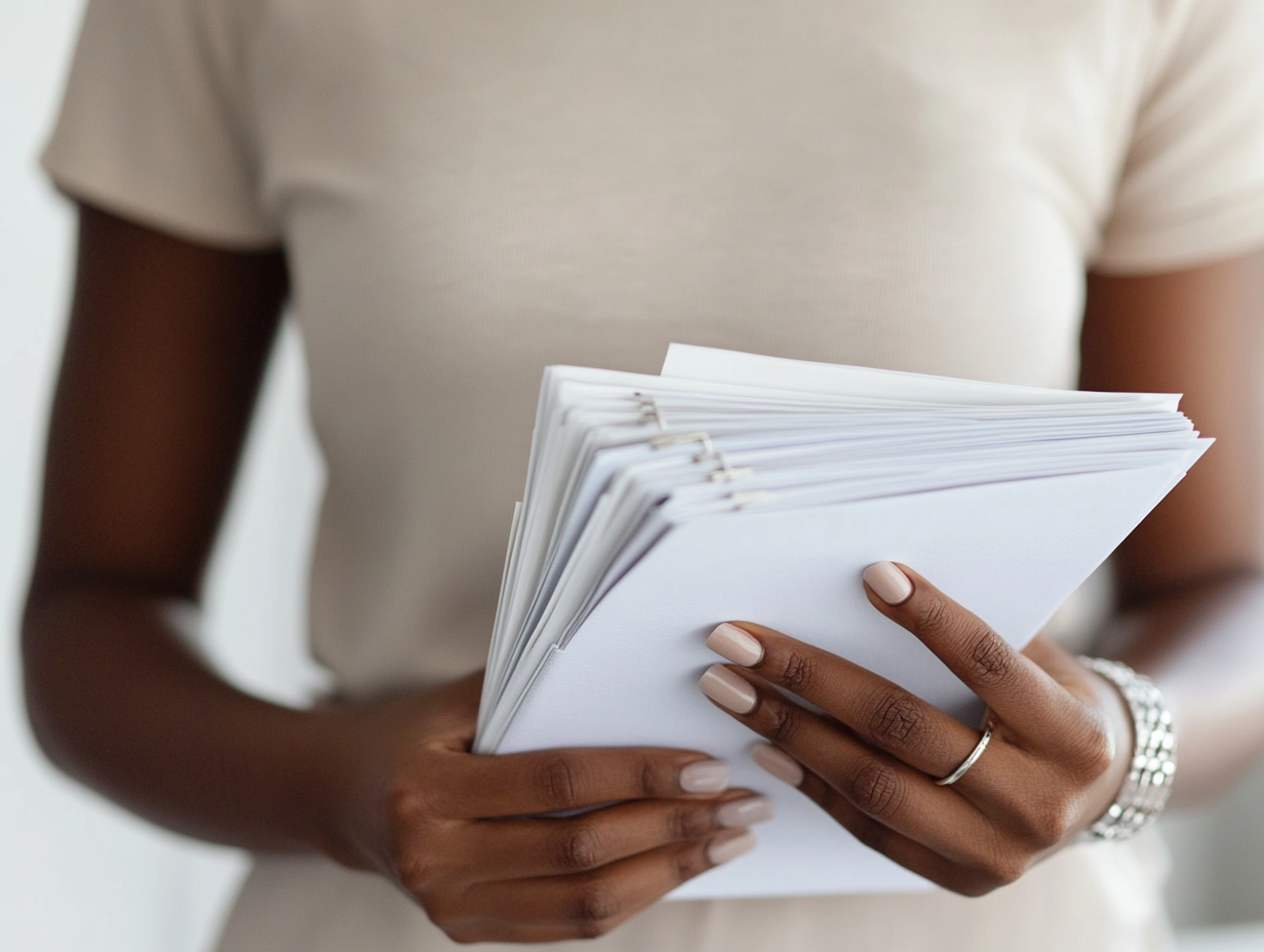 Hands of elegant African American woman with stationery items.