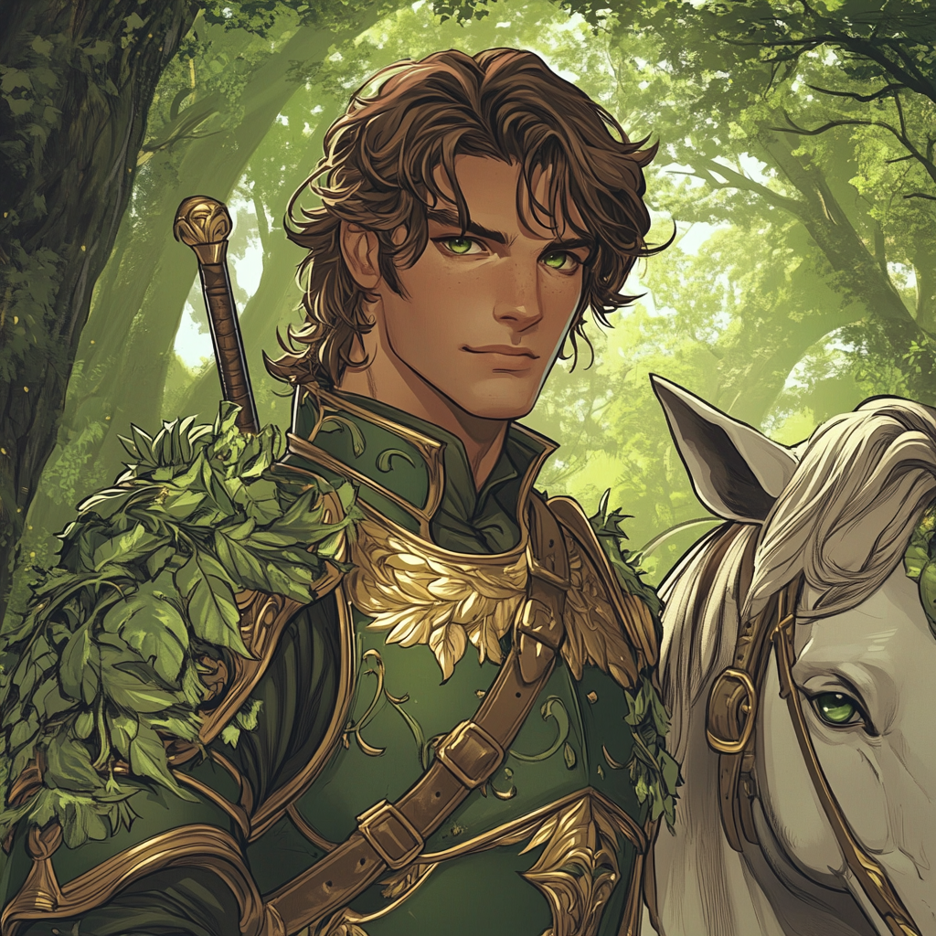 Handsome knight with brown hair, green eyes, riding unicorn.