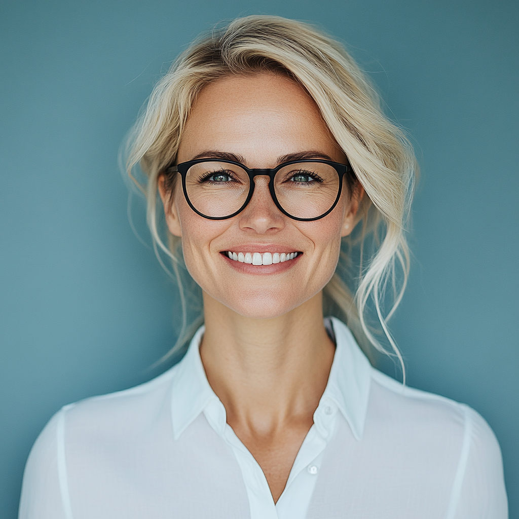 Happy 40-year-old blond business woman with glasses smiling.