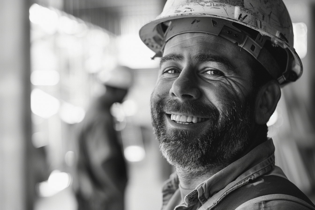 Happy construction worker smiling with colleagues in background.