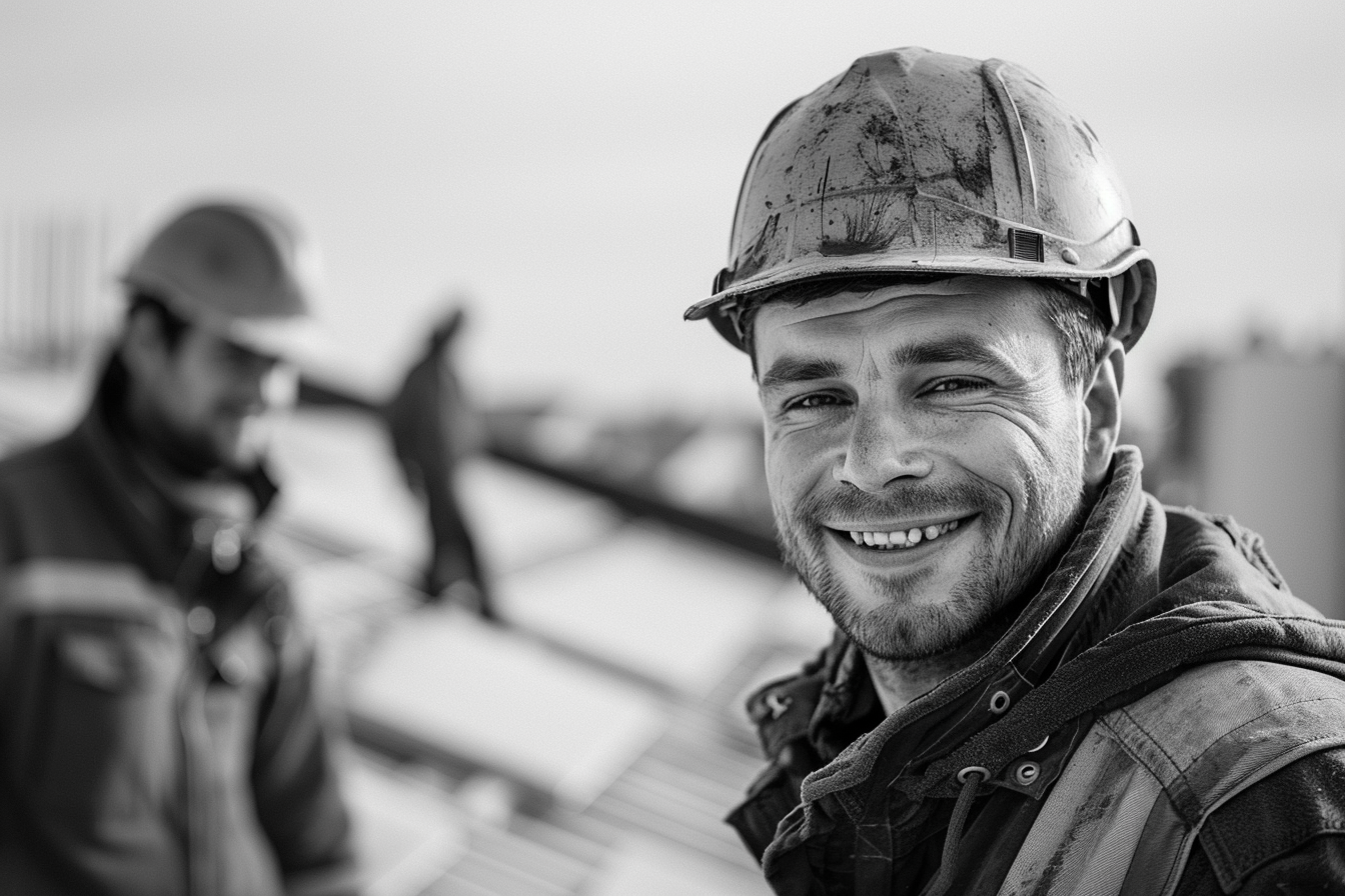 Happy construction worker with colleagues on rooftop PV installation.