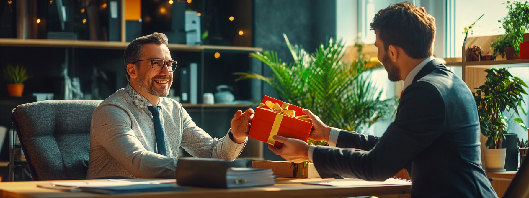 Happy male boss receiving gift from employee, both smiling.