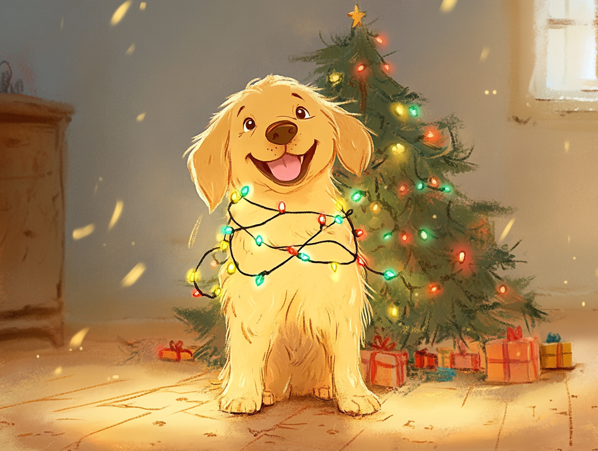 Happy puppy tangled in Christmas lights near fallen tree.