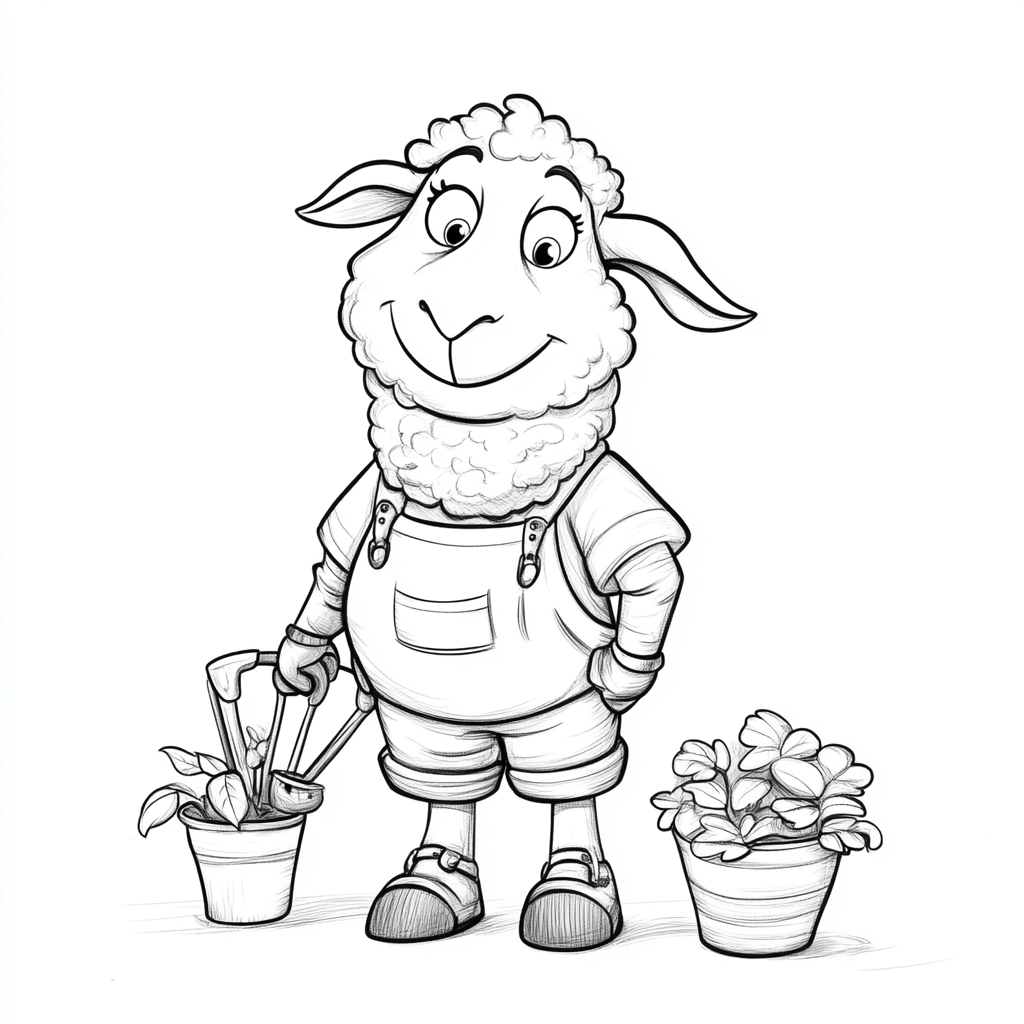 Happy sheep in garden outfit, black and white drawing.