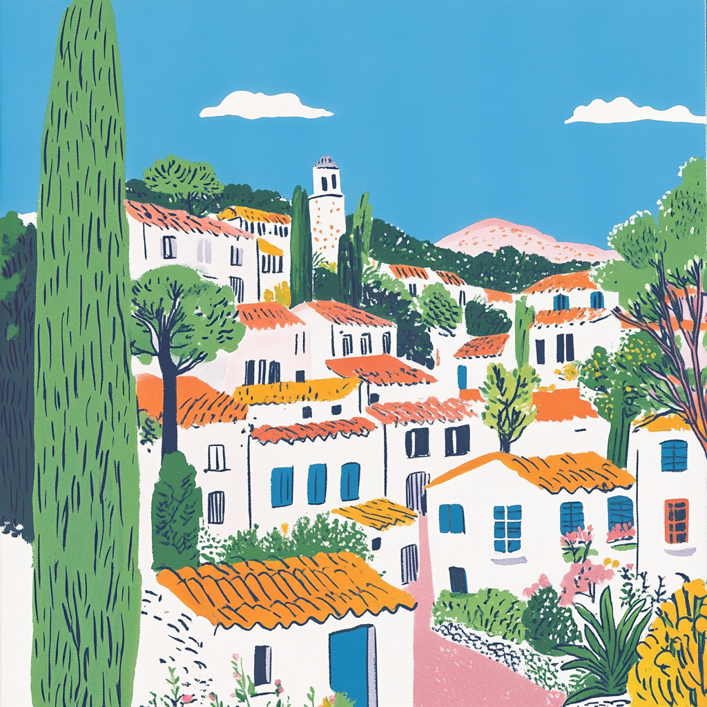 Harriet Lee-Merrion's minimalist risograph print of Provencal village.