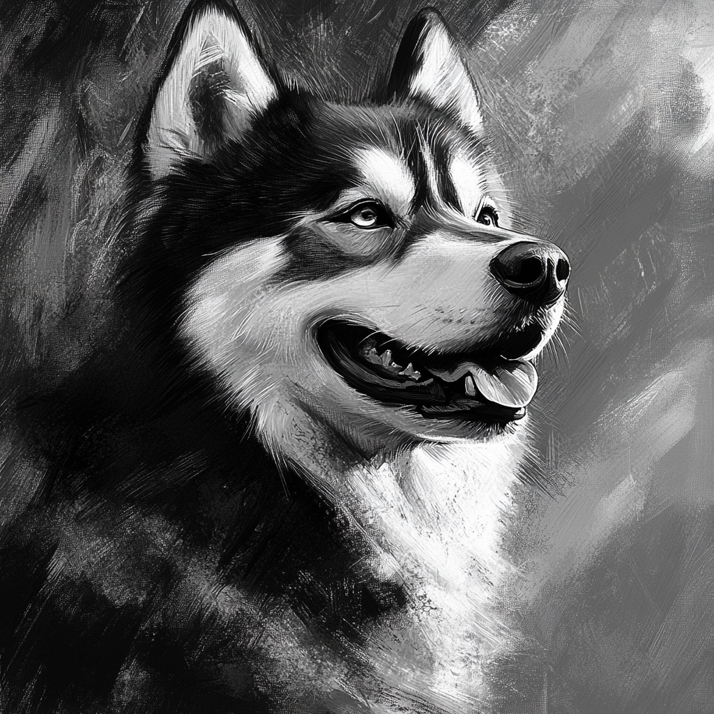 Head portrait of an Alaskan Malamute in black and white.