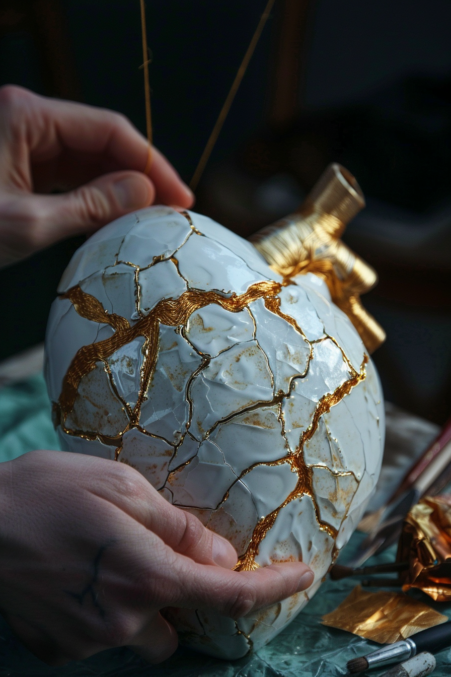 Heart mended with golden thread symbolizes beauty in brokenness.