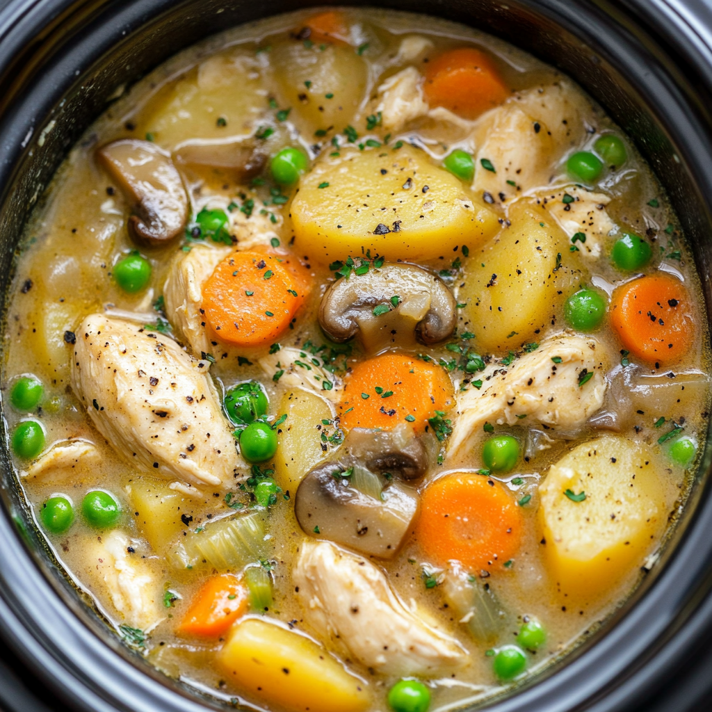 Hearty, creamy chicken stew with potatoes, carrots, peas, mushrooms.