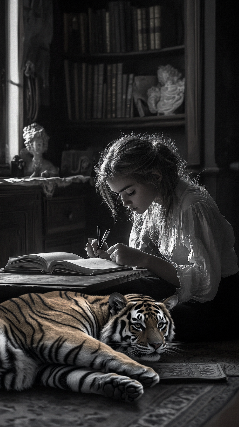 High resolution image of girl studying with tiger companion.