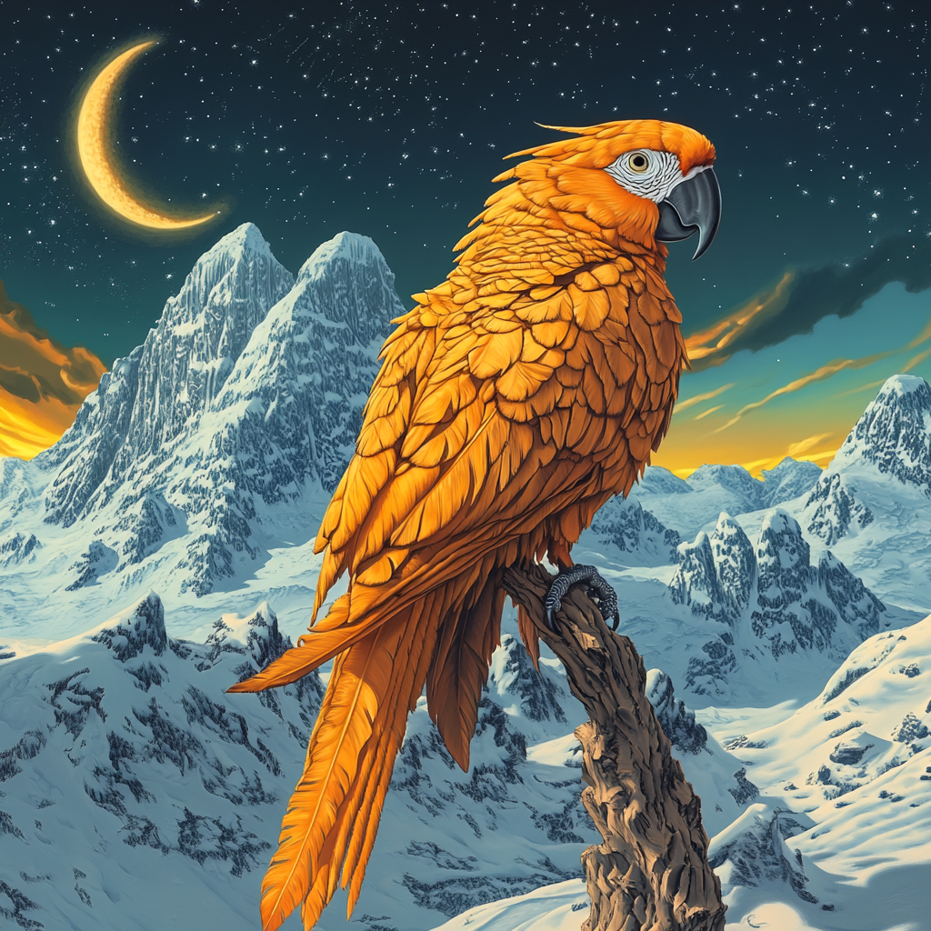 Highly detailed magical illustration focus on majestic orange parrot.