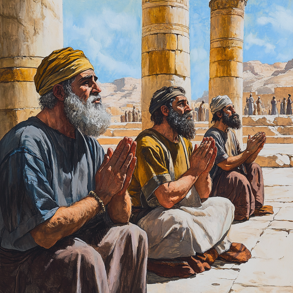 Historical figures Moses, Hannah, Elijah shown praying on timeline.