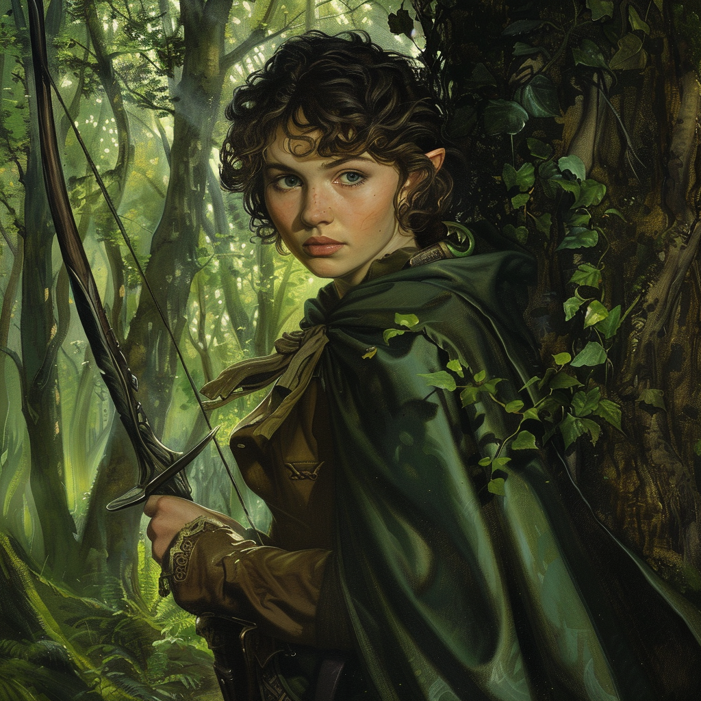 Hobbit girl in green cloak watches bandits in forest.