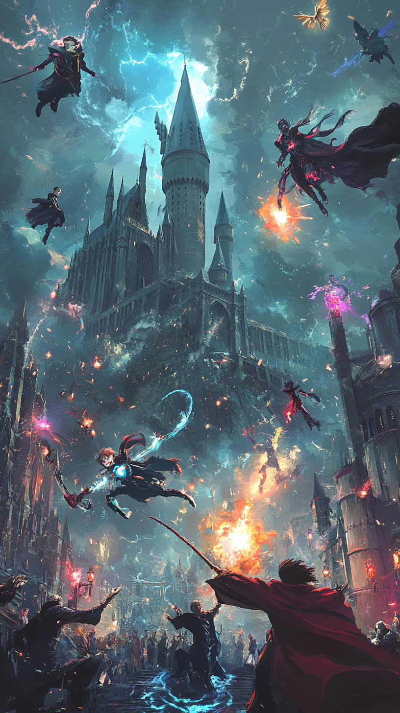 Hogwarts battle: Maleficent, Naruto, Iron Man, Jafar, Elsa.