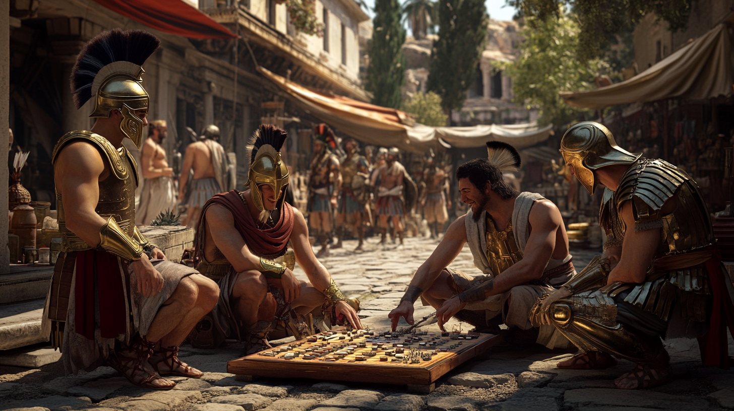 Hoplites having fun playing Greek board game at marketplace.