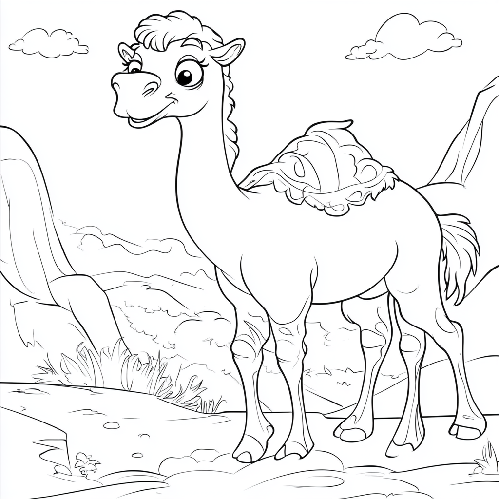 Humped dromedary coloring page for children, dreamlike Disney style.