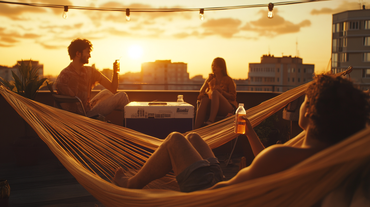 Hyper Realistic Sunset Rooftop Scene, Friends Relaxing