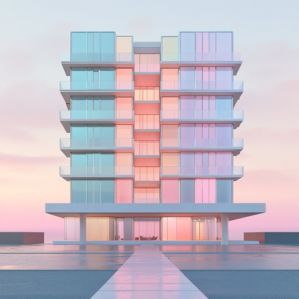 Hyper-realistic 3D modern hotel under construction, pastel colors.