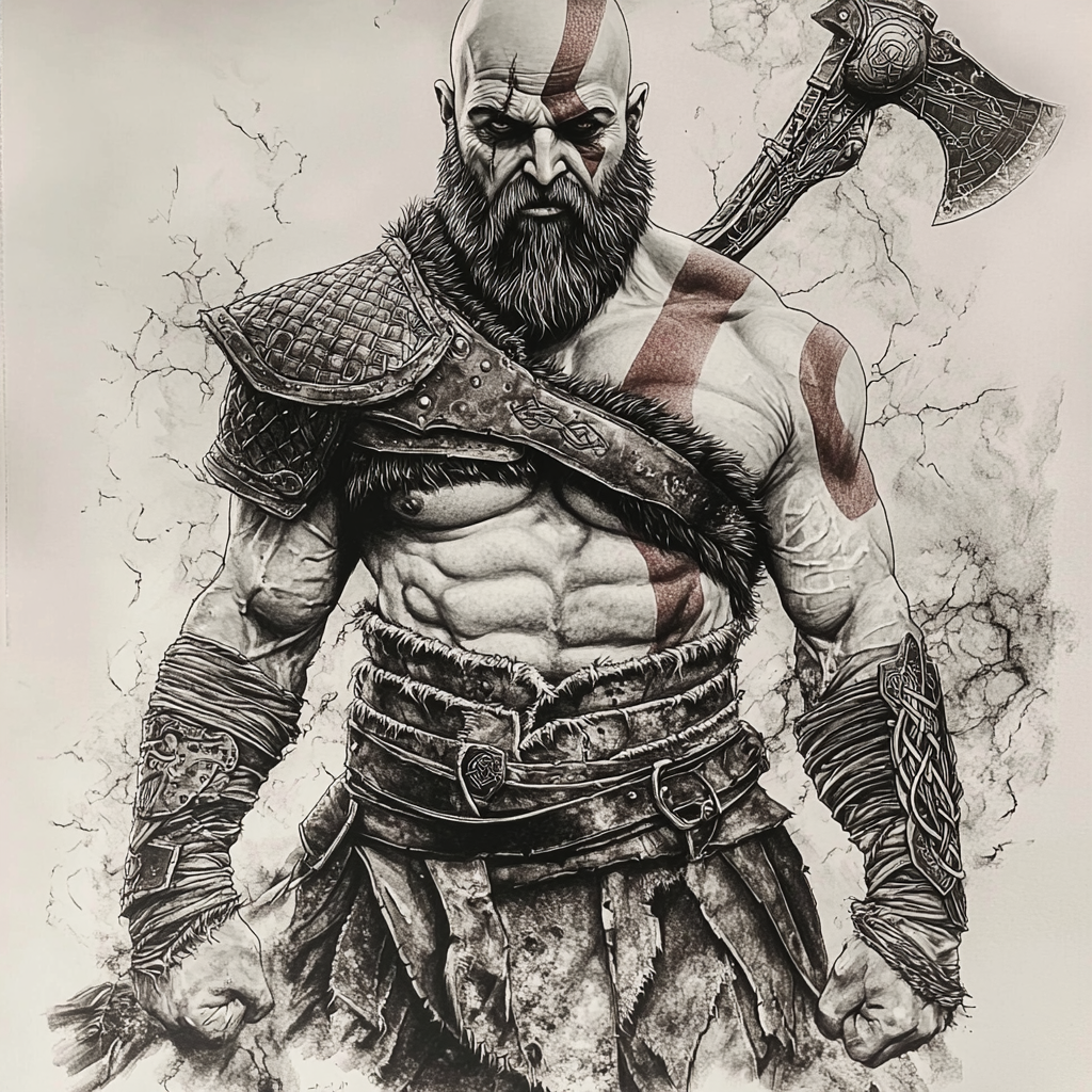 Hyper-realistic Kratos tattoo design, Norse mythology elements included.