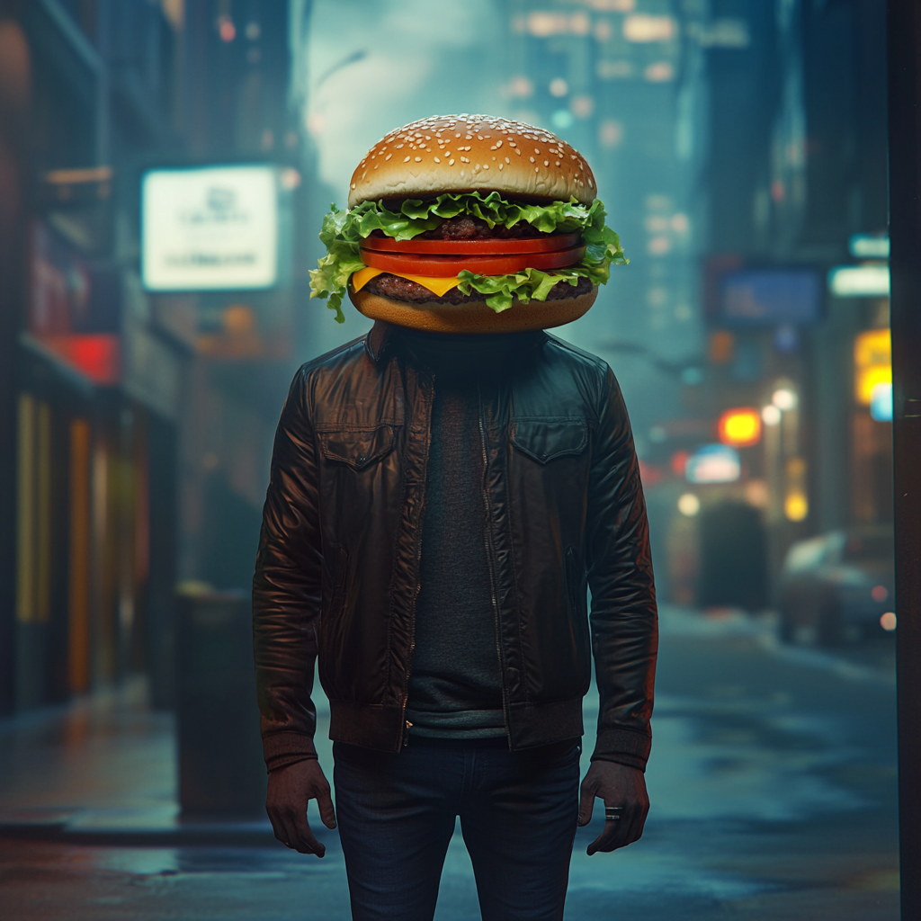 Hyper-realistic image of human body with hamburger face.