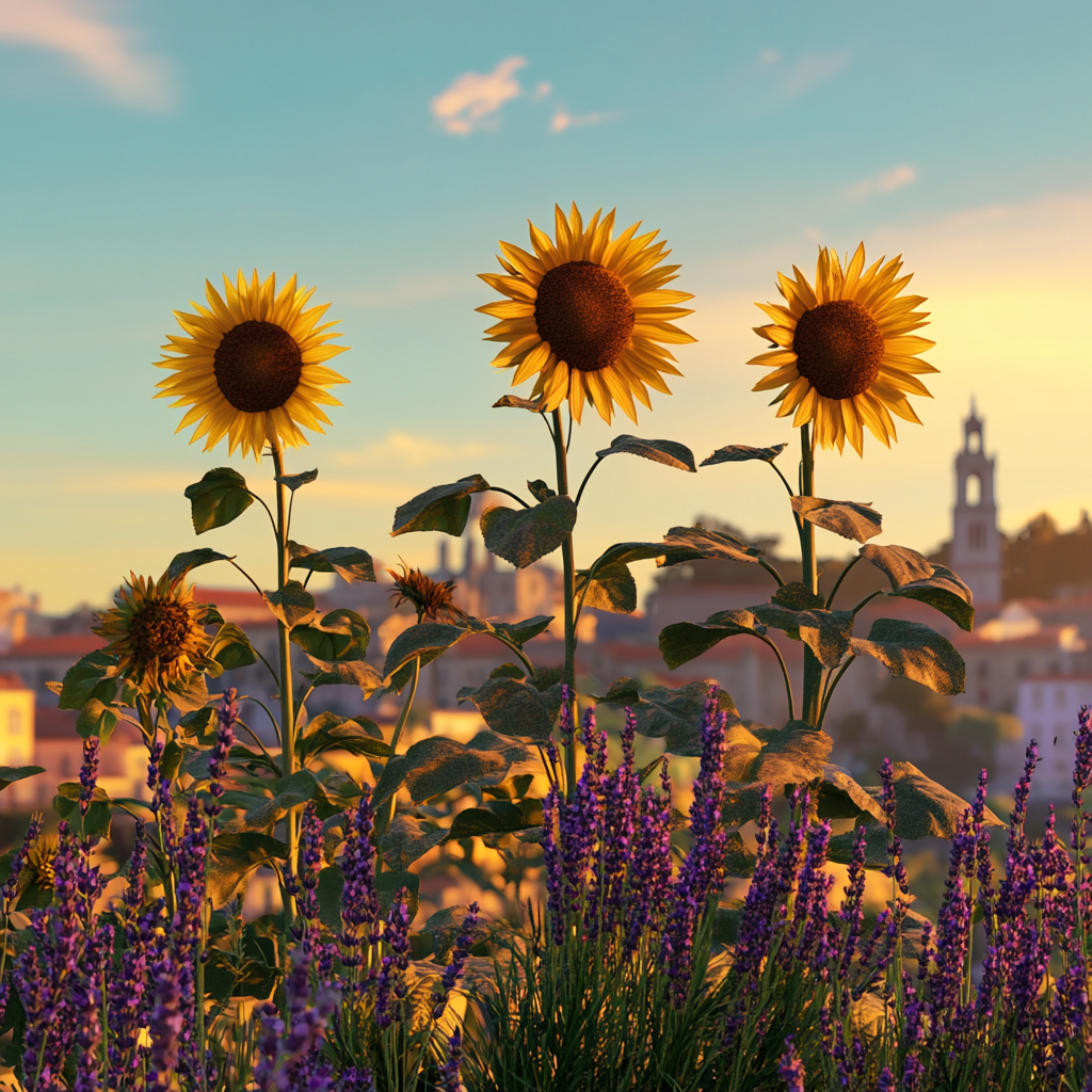 Hyper-realistic image of sunflowers with Lisbon landmarks.