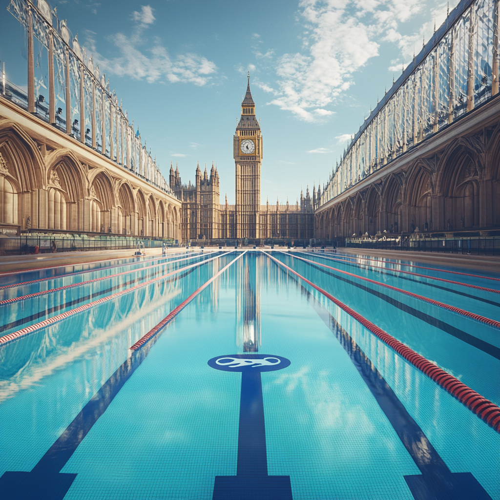 Hyperrealistic Olympic Swimming Pool with Speedo Logo, Big Ben, London. Fujifilm Style, AR 1:1