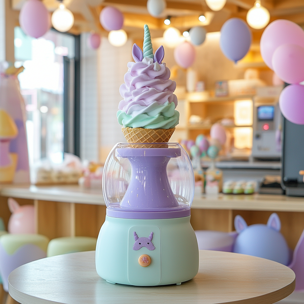 Ice cream cone tower with pastel balloons at amusement park.