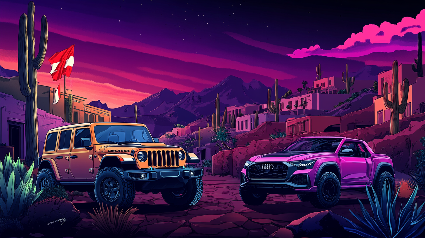 Illustrated Jeep Gladiator and Audi R8 parked together mural.