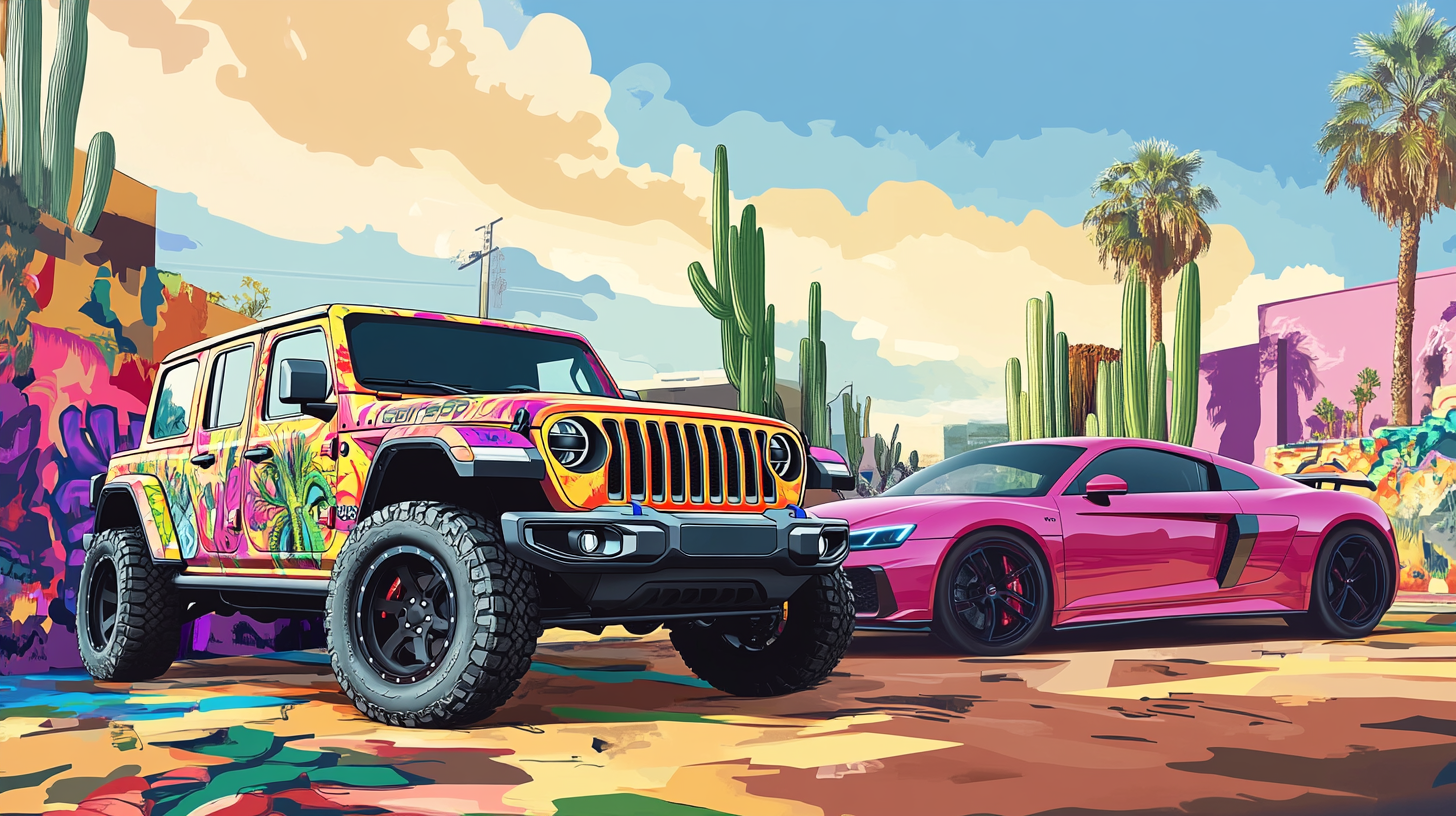 Illustration of Jeep Gladiator & Audi R8 in Arizona desert.