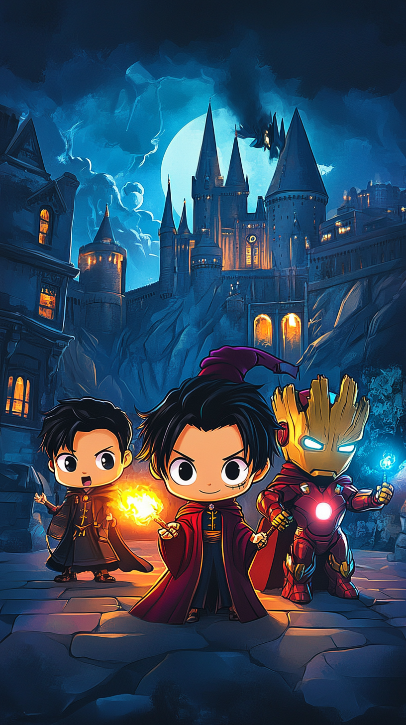 Illustration of Maleficent, Luffy, Iron Man, Jafar, Groot.