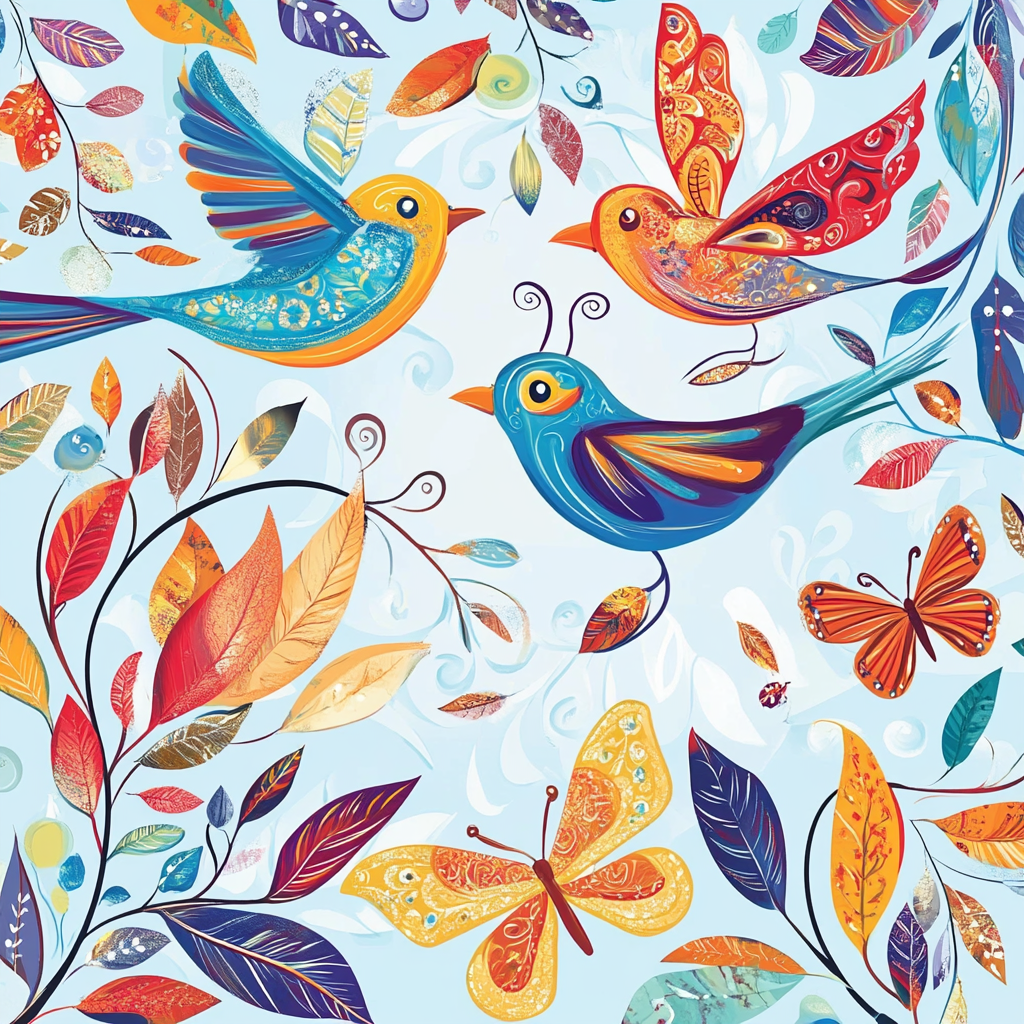 Illustration of colorful birds and butterflies among decorative leaves.