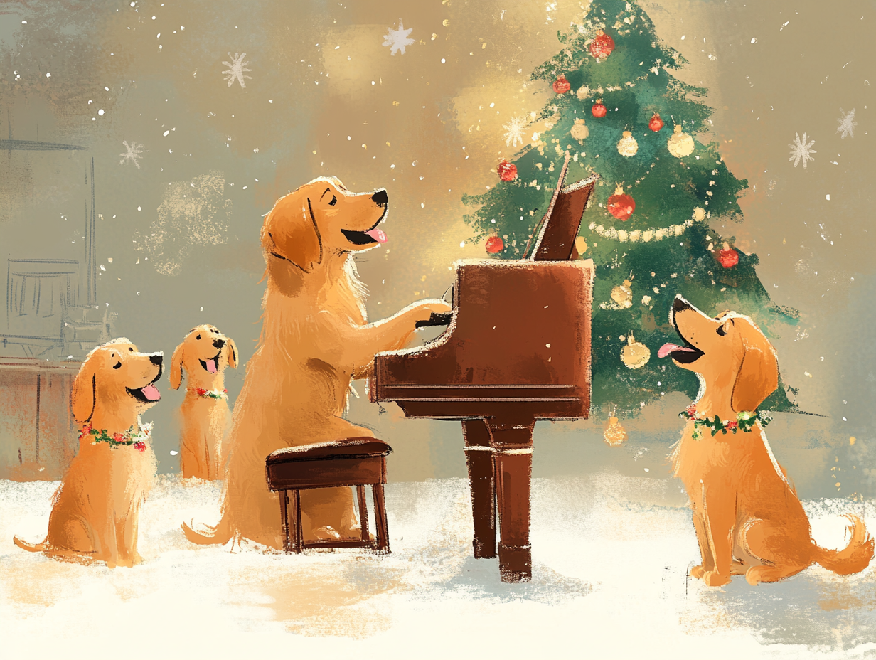 Illustration of dogs playing piano with other dogs singing.