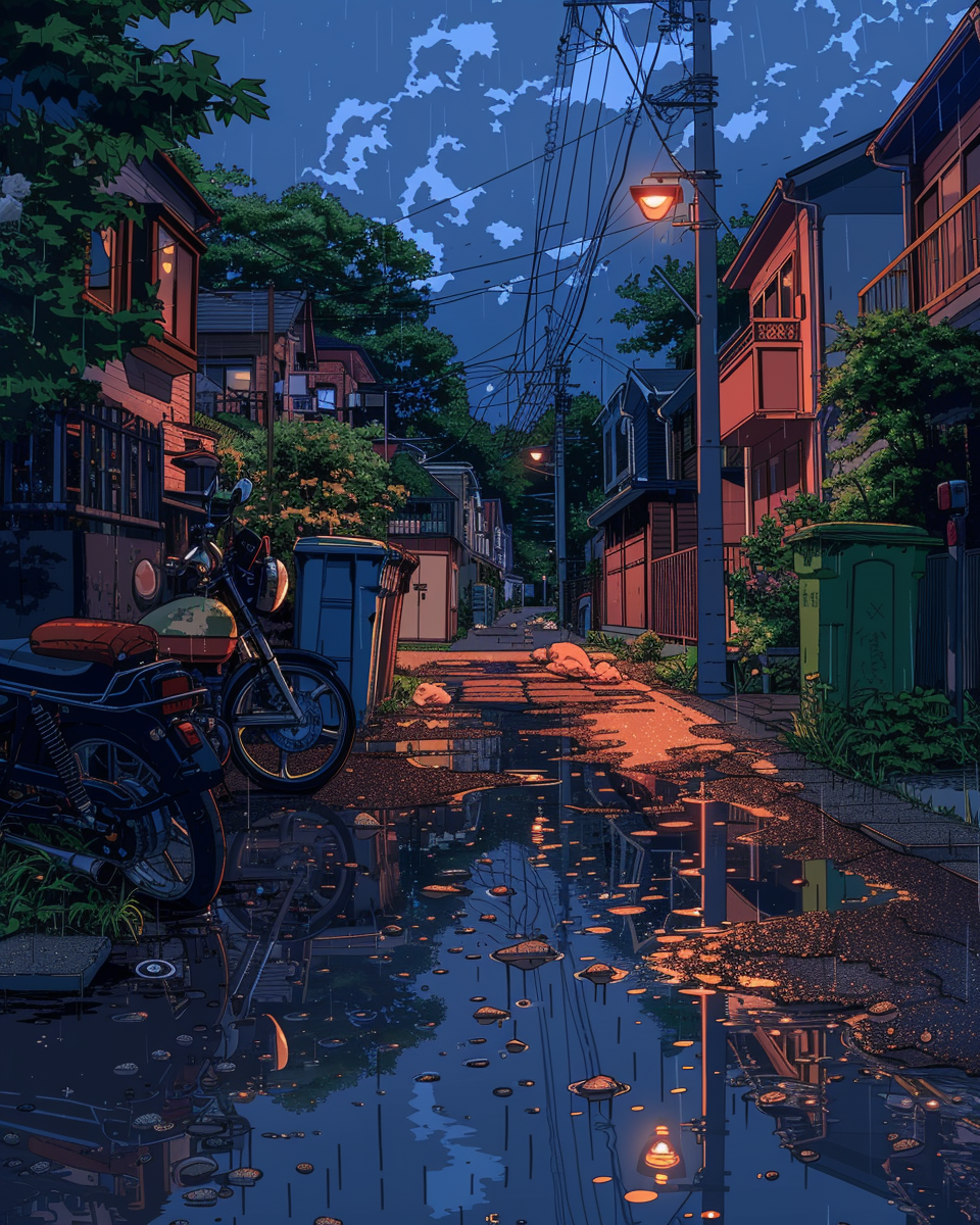 Illustration of narrow alley with motorbike, recycling bins, chair.