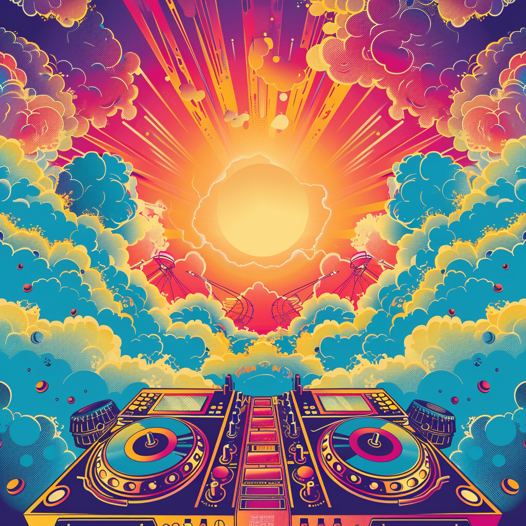 Illustration of psytrance festival flyer with DJ equipment.